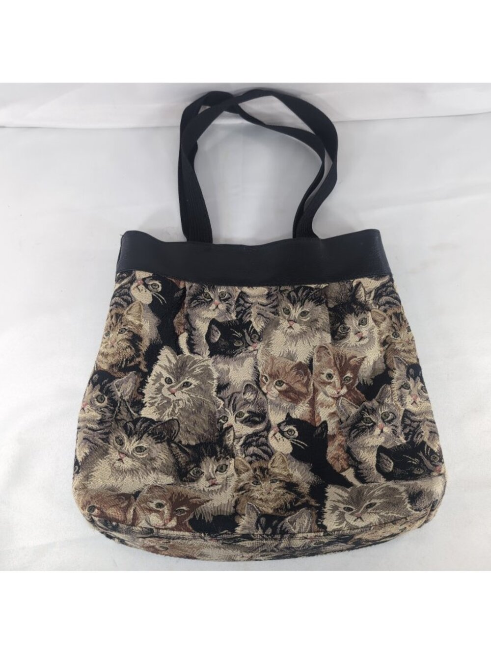 Vintage Cat Tapestry Bag 2 Strap Shoulder Purse Faux Leather Black Tan Beige